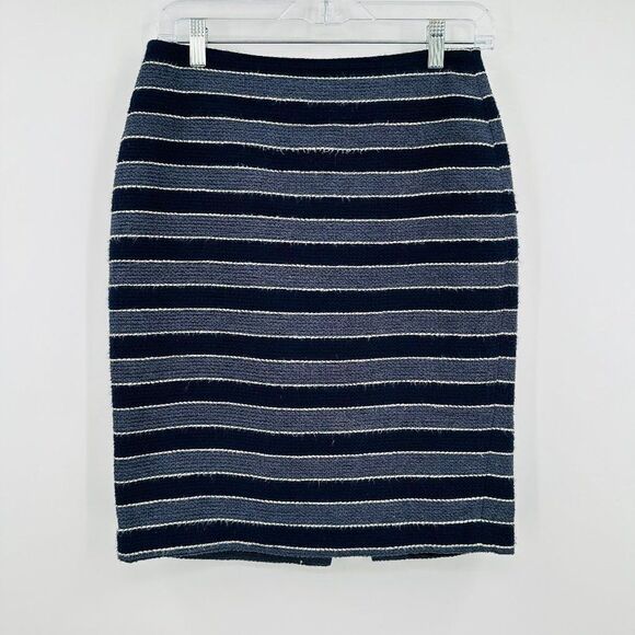 LOFT Size 2 Curvy Navy Blue Striped Career Pencil Skirt Split Back Fully Lined - Picture 1 of 9